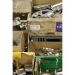 FIVE TRAYS OF ASSORTED METALWARE TO INCLUDE TEA SETS, CUTLERY ETC