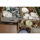 THREE TRAYS OF ASSORTED CERAMICS ETC TO INCLUDE A CLOCK AND A GLASS PEAR