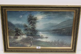 A FRAMED AND GLAZED WATERCOLOUR OF A MOONLIT MOUNTAINOUS LAKE SCENE SIGNED ALF M DRINKWATER 1907