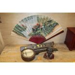 A VINTAGE BANJOLELE A/F TOGETHER WITH A LARGE ORIENTAL FAN AND A MONEY BANK ((3)