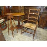 A VINTAGE OAK WICKER SEAT ROCKING CHAIR TOGETHER WITH TWO ANTIQUE TABLES