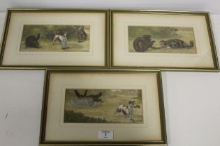 A TRIO OF ALLEGORICAL LOUIS WAIN FRAMED AND GLAZED PRINTS OF A JACK RUSSELL TERRIER AND CATS (3)