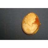 A CARVED SHELL CAMEO IN YELLOW METAL MOUNT