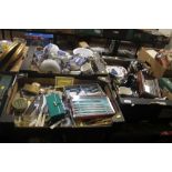 THREE TRAYS OF SUNDRIES TO IN CLUDE CUTLERY, CHINA, ETC (TRAYS NOT INCLUDED)