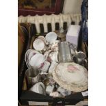 A TRAY OF CERAMICS ETC TO INCLUDE A PEWTER TANKARD