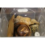 A BOX OF COLLECTABLES TO INCLUDE A DOME CLOCK AND A CARVED DUCK