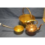 A BRASS JAM PAN, SAUCEPAN, AND A COPPER KETTLE