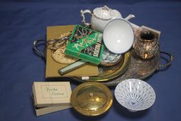 A SILVER PLATED TRAY TOGETHER WITH A QUANTITY OF COLLECTABLES