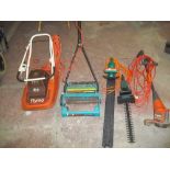 ELECTRIC POWERED GARDEN TOOLS TO INCLUDE HEDGE TRIMMERS, FLYMO LAWNMOWER AND A STRIMMER
