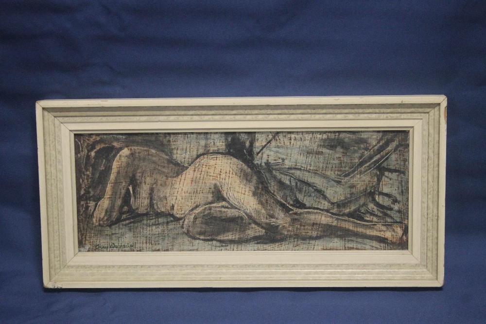 GUY WORSDELL OIL ON BOARD TITLED |NUDE LYING DOWN| SIGNED LOWER LEFT . INSCRIBED TO BACK OF FRAME - Image 2 of 10