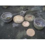 THREE CONCRETE GARDEN PLANTER POTS WITH 4 STEPPING STONES