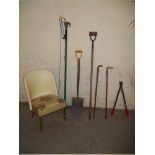 GARDEN TOOLS AND A VINTAGE LOOM BEDROOM CHAIR