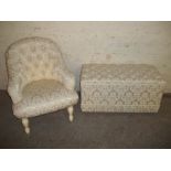 A MODERN DEEP BUTTONED PLEATED BEDROOM CHAIR AND BLANKET CHEST OTTOMAN IN DAMASK FABRIC