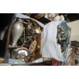 A QUANTITY OF ASSORTED METALWARE AND CUTLERY (TRAYS NOT INCLUDED)