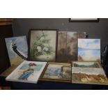 A BOX OF ASSORTED OIL PAINTINGS TO INCLUDE A BURNET PARIS SCENE AND A PICTURE OF HERONS, LARGEST