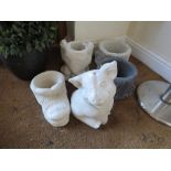 A CONCRETE GARDEN PIG ORNAMENT AND FOUR ASSORTED PLANTERS (5)