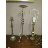 TWO METAL TABLE LAMPS WITH A PRICKET CANDLE STAND (3)