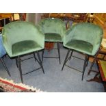 THREE MODERN UPHOLSTERED EMERALD GREEN BAR/KITCHEN STOOLS