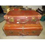A VINTAGE BANDED PACKING TRUNK, TOGETHER WITH VINTAGE SUITCASE (2)
