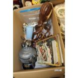 A BOX OF COLLECTABLES TO INCLUDE A SILVER PLATED TEAPOT, VINTAGE ENID BLYTON BOOK, CUTLERY ETC.