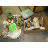 TWO BOXES OF ASSORTED CERAMICS AND STONEWARE TO INCLUDE A STUDIO POTTERY VASE, FIGURES, STONEWARE