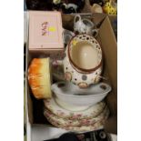 A BOX OF ASSORTED CERAMICS TO INCLUDE A BOXED NAO FIGURE, MAJOLICA STYLE PLANTER, ROYAL ALBERT
