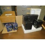 A QUANTITY OF BOXED FIXED GU 10 PRESSED STEEL FIRE RATED DOWNLIGHTS PLUS A BOXED RECORD DECK AND