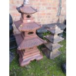 TWO ORIENTAL CONCRETE SECTIONAL PAGODA TEMPLE GARDEN STATUES H-102 CM (TALLEST)