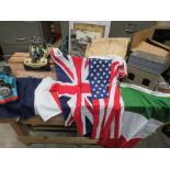 A SELECTION OF ASSORTED TOYS, HARDWARE, VARIOUS WORLD FLAGS AND A FRAMED PICTURES