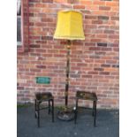 AN ORIENTAL CHINOISERIE STANDARD LAMP AND SHADE WITH TWO OCCASIONAL TABLES (3)