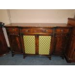 A LARGE ADAMS STYLE REPRODUCTION MAHOGANY BREAKFRONT SIDEBOARD W-154 CM TOGETHER WITH TWO WALL