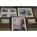 THREE HORSE RACING GLAZED PRINTS TO INCLUDE A LESTER PIGGOTT EXAMPLE - SIGNED TO MOUNT TOGETHER WITH