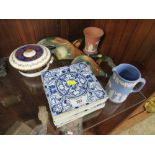 A QUANTITY OF JOSIAH WEDGWOOD BLUE AND WHITE TILES, TERRACOTTA JASPERWARE, VASE, ETC (10)