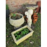 A MODERN STONE PEDESTAL URN ON PLINTH BIRDBATH AND RECTANGULAR TROUGH (3)