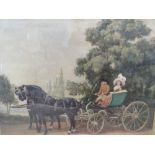 A FRAMED AND GLAZED 19TH CENTURY WATERCOLOUR OF A HORSE AND CARRIAGE WITH FIGURES