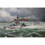 AN UNFRAMED OIL ON BOARD DEPICTING BATTLE SHIPS IN CHOPPY SEA SIGNED BRYAN DIXON 1975