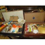 TWO VINTAGE SUITCASES CONTAINING ASSORTED FLY FISHING EQUIPMENT ETC. TO INCLUDE BIRD WINGS,