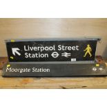 TWO METAL LONDON RAILWAY STATION SIGNS 'MOORGATE STATION' AND 'LIVERPOOL STREET STATION'