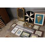 A QUANTITY OF ASSORTED PICTURES PRINTS AND MIRRORS TO INCLUDE WATERCOLOURS, ARCHED GILT FRAMED