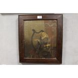 AN ANTIQUE FRAMED UNSIGNED OIL ON CANVAS DEPICTING A BEARDED MAN PLAYING A HARP