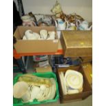 FIVE BOXES OF ASSORTED CHINA AND CERAMICS TO INCLUDE A LARGE SYLVAC DOG FIGURE, AYNSLEY ORCHARD GOLD