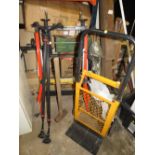 A PORTABLE TABLE WORKBENCH TOGETHER WITH A SET OF CHIMNEY BRUSHES, SACK TRUCK, SLEDGEHAMMER ETC