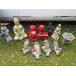 A QUANTITY OF ASSORTED GARDEN SMALL STATUES TO INCLUDE BUDDHAS - SOME PLASTIC