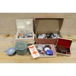 A QUANTITY OF COSTUME JEWELLERY TOGETHER WITH A BOX OF SEWING ACCESSORIES