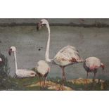 A VINTAGE OIL ON BOARD DEPICTING FLAMINGOS AT THE WATERS EDGE