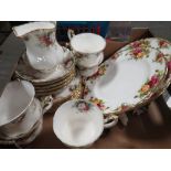 A SMALL TRAY OF TEAWARE TO INCLUDE ROYAL ALBERT CELEBRATION