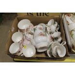 A BOX OF ASSORTED CHINA TO INCLUDE ROYAL ALBERT BERKELEY EXAMPLES