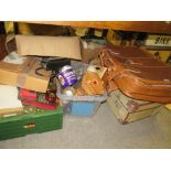 A LARGE QUANTITY OF HOUSEHOLD SUNDRIES TO INCLUDE VINTAGE LUGGAGE, CHEFS KNIFE SET ETC.