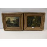 A PAIR OF GILT FRAMED ANTIQUE OILS ON BOARD OF COUNTRY LANDSCAPES WITH FIGURES INDISTINCTLY SIGNED