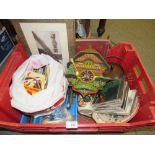 A TRAY OF ASSORTED SUNDRIES TO INCLUDE MASONS CHRISTMAS PLATES, SILVER PLATED FLATWARE ETC.